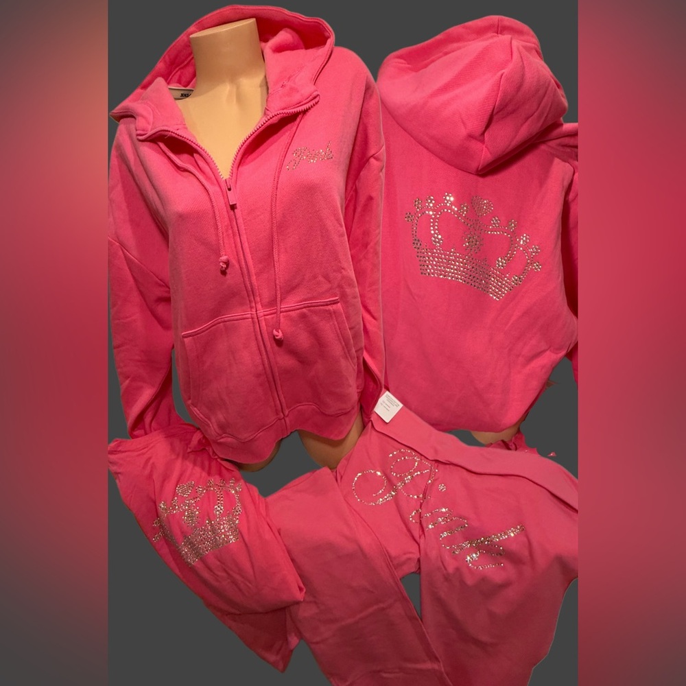 Pink Rhinestone Embellished Women's Hoodie & Pants 2PC set NWT